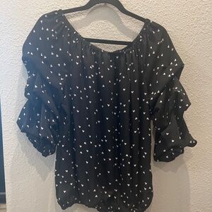 Black and white womens blouse with ruffle sleeves